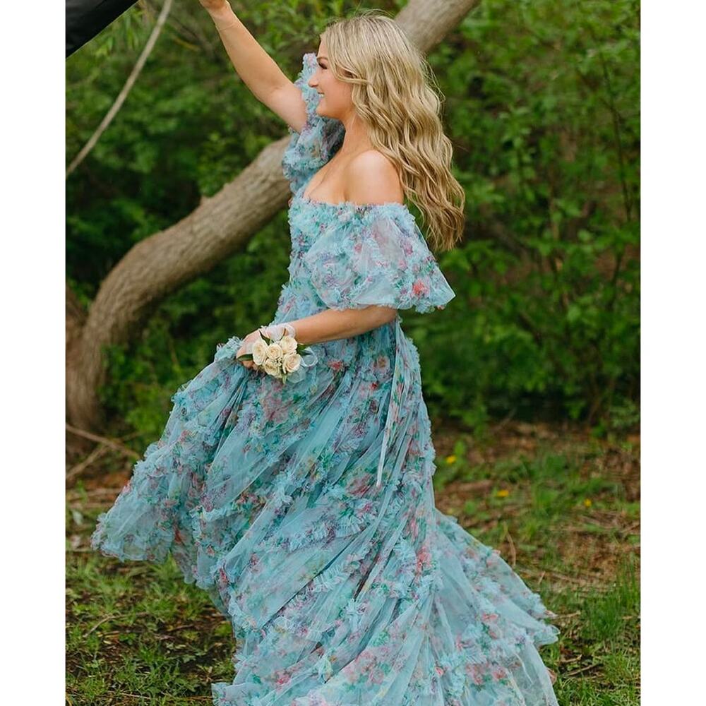 Sherri Hill Light Blue Tulle Floral Printed Prom/Pageant Dress - Picture 5 of 11